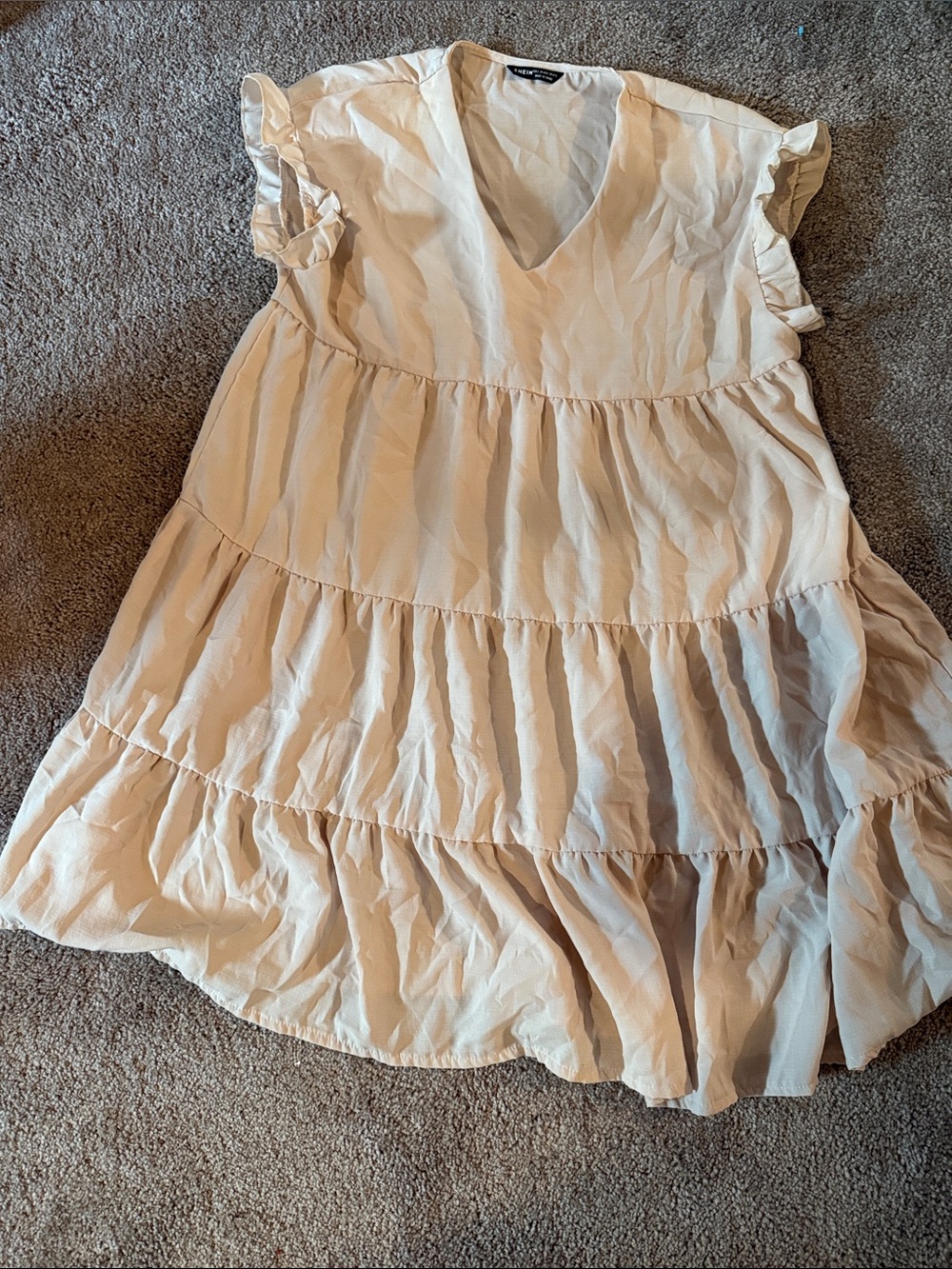 Tiered V-Neck Ruffle Sleeve Dress - Cream
